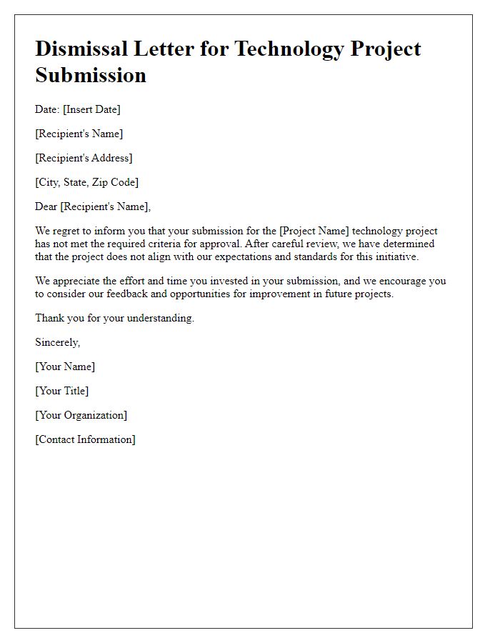 Letter template of dismissal for technology project submission.