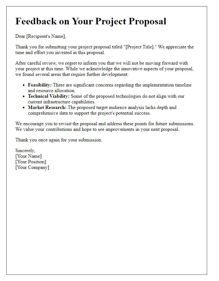 Letter template of negative feedback on tech project proposal.