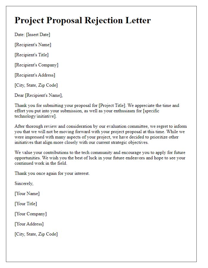 Letter template of project proposal rejection for tech initiatives.