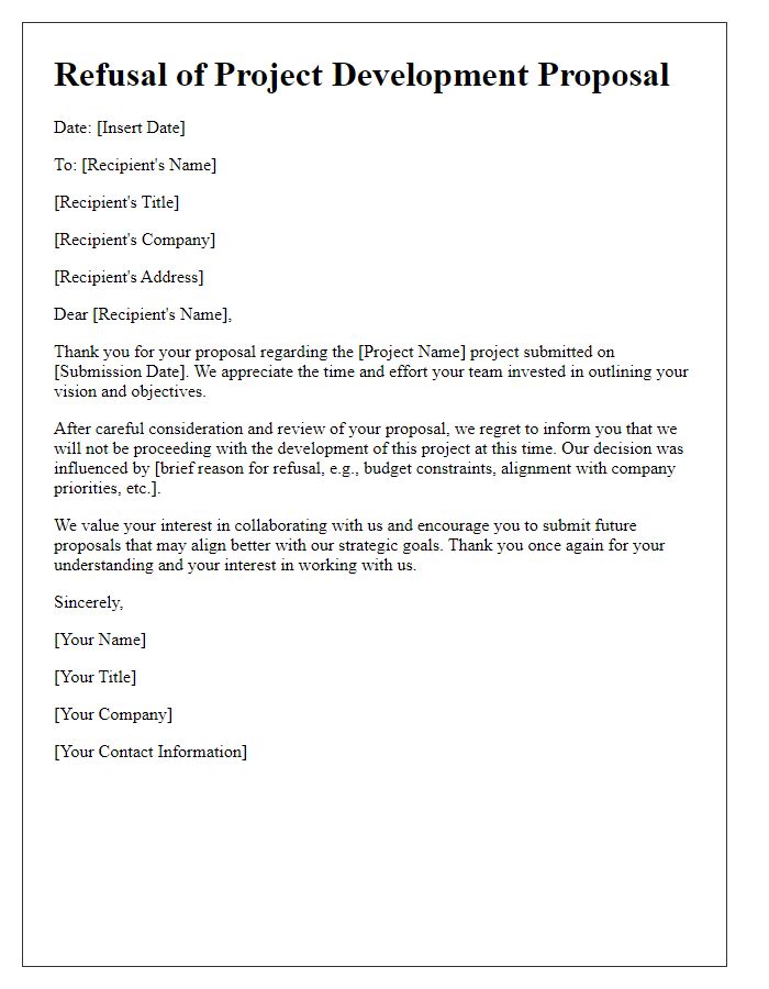 Letter template of refusal for tech project development proposal.