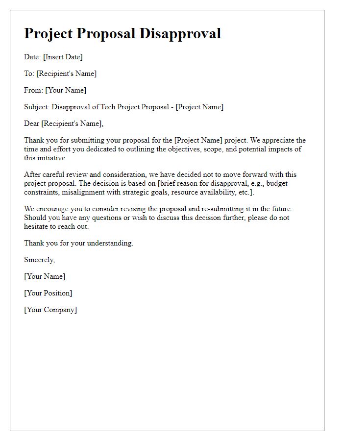 Letter template of tech project proposal disapproval.