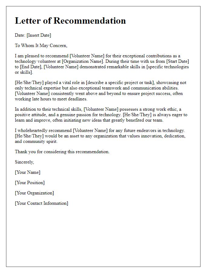 Letter template of recommendation for technology volunteer projects