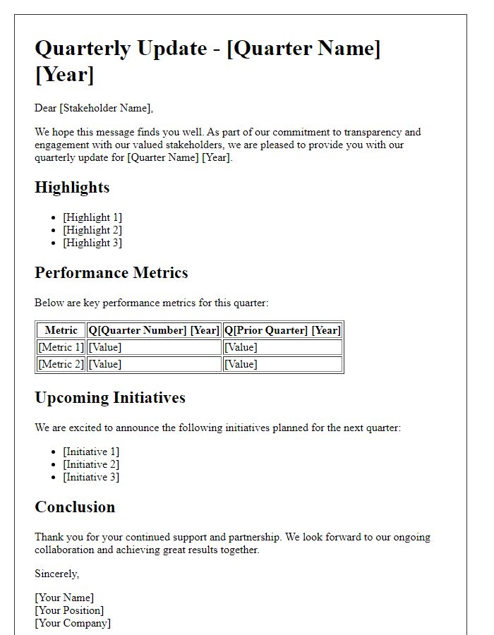 Letter template of stakeholder quarterly update