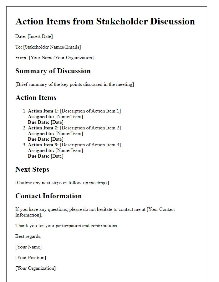 Letter template of action items from stakeholder discussion.