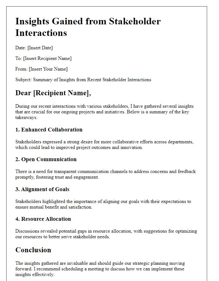 Letter template of insights gained from stakeholder interactions.