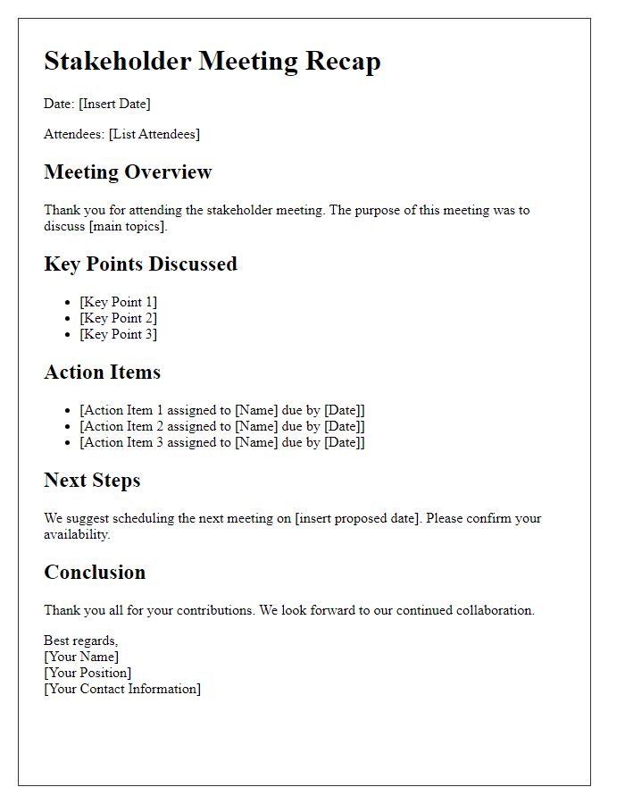 Letter template of stakeholder meeting recap and next steps.