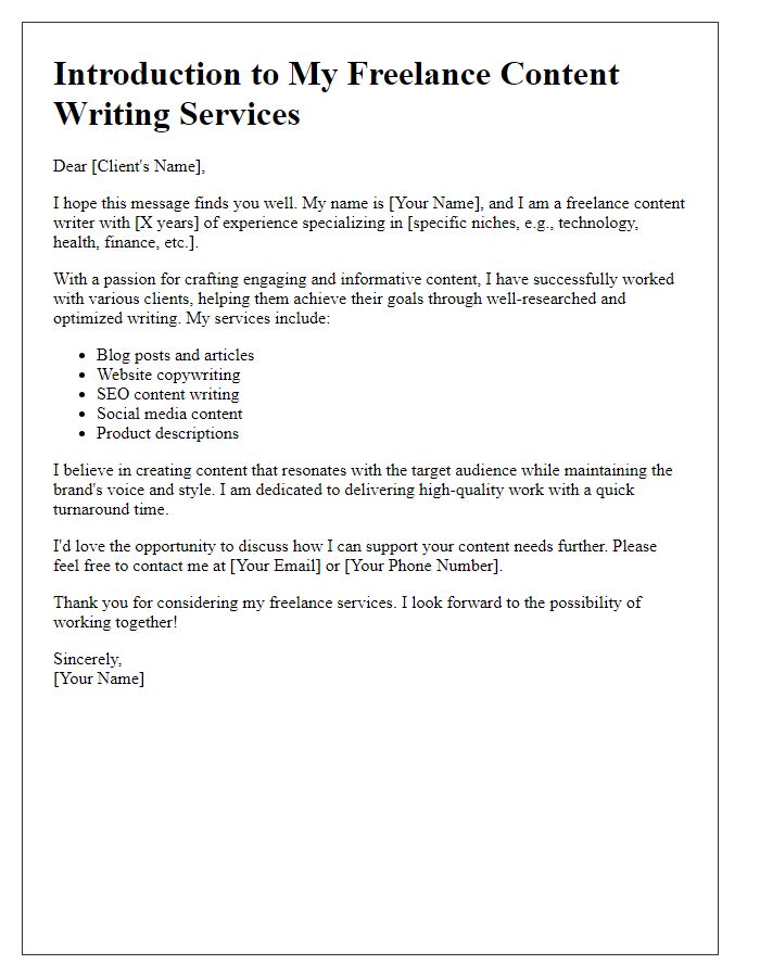 Letter template of freelance services introduction for content writing