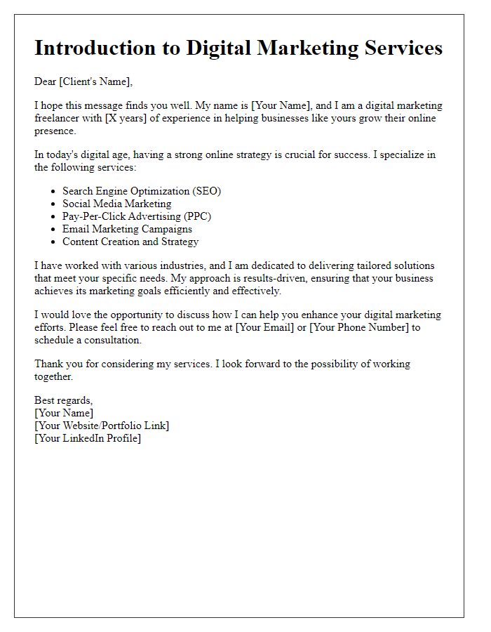 Letter template of freelance services introduction for digital marketing