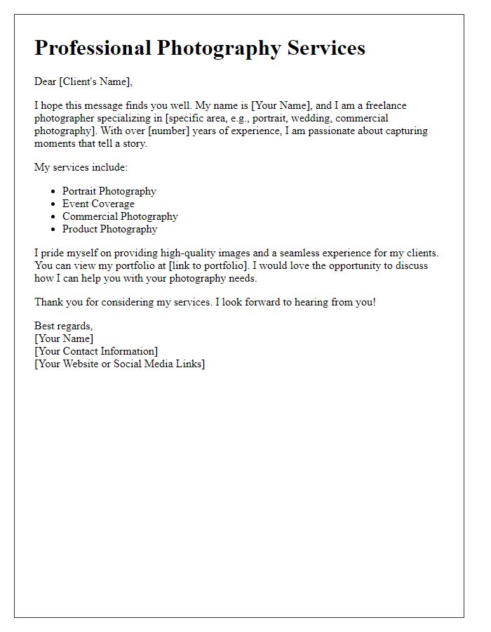 Letter template of freelance services introduction for photography