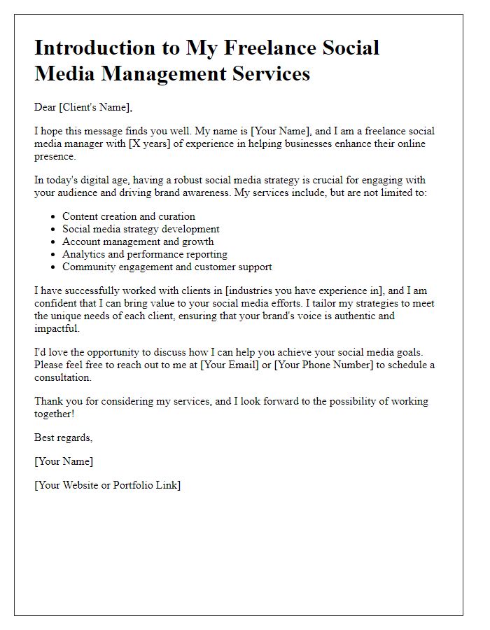 Letter template of freelance services introduction for social media management