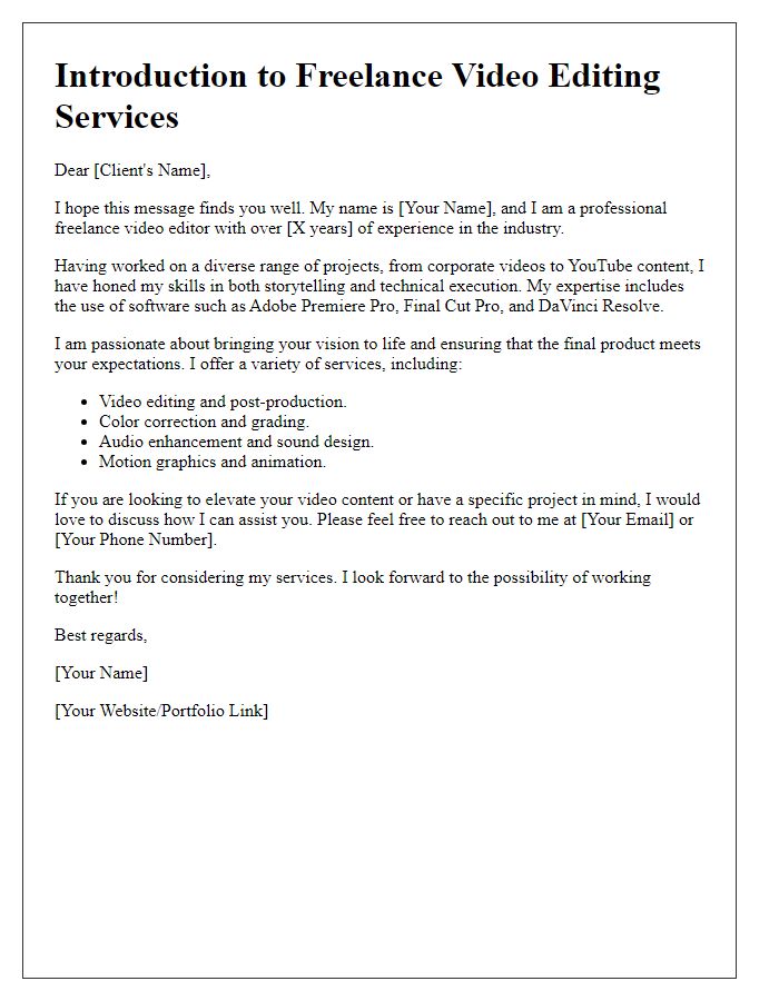 Letter template of freelance services introduction for video editing