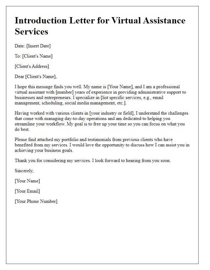 Letter template of freelance services introduction for virtual assistance