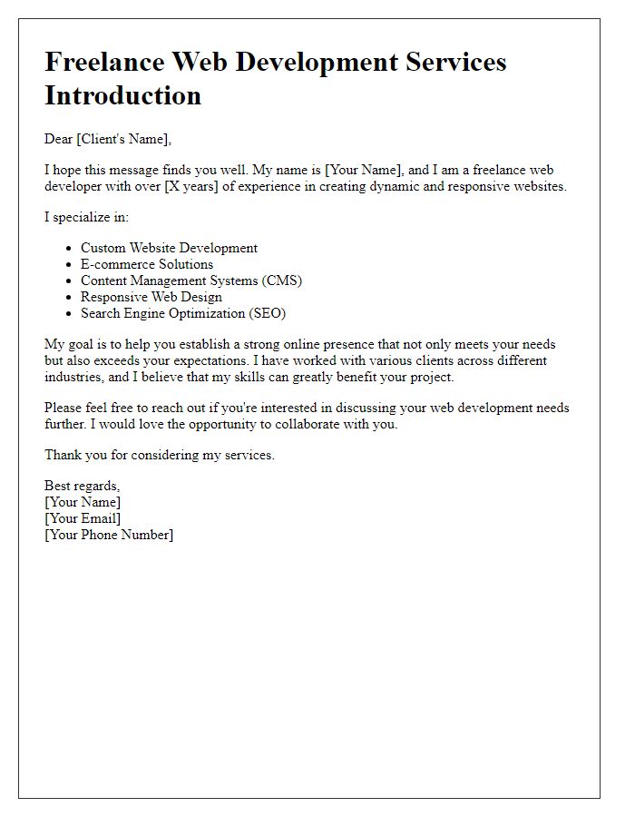 Letter template of freelance services introduction for web development