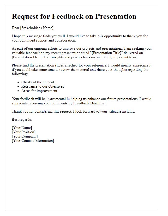 Letter template of stakeholder feedback request for presentation