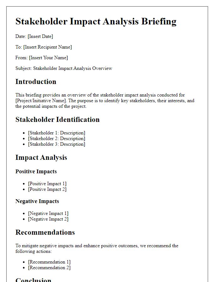 Letter template of stakeholder impact analysis briefing