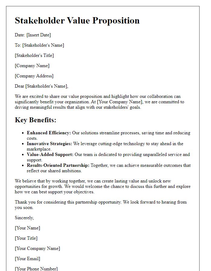 Letter template of stakeholder value proposition highlight