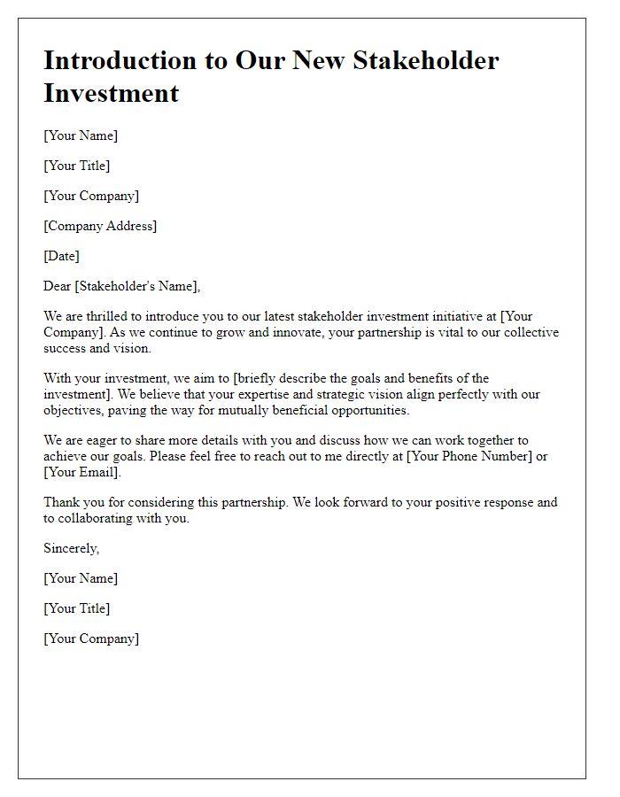 Letter template of introduction for a new stakeholder investment.