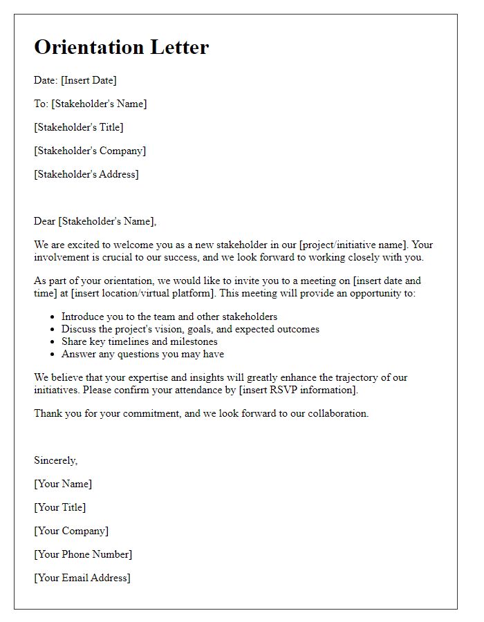 Letter template of orientation for a new stakeholder involvement.