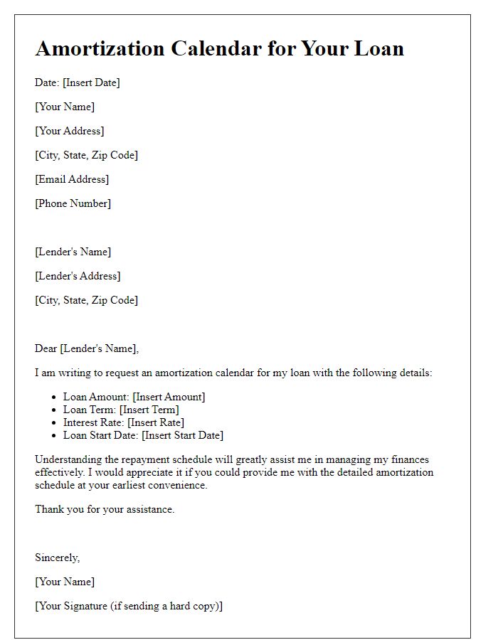 Letter template of amortization calendar for loan