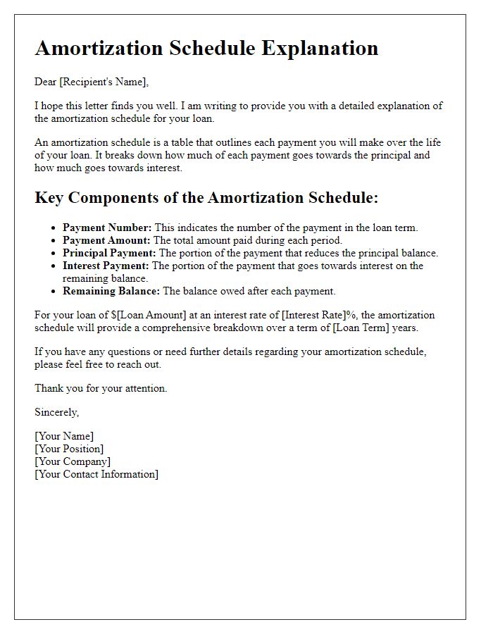 Letter template of amortization schedule explanation