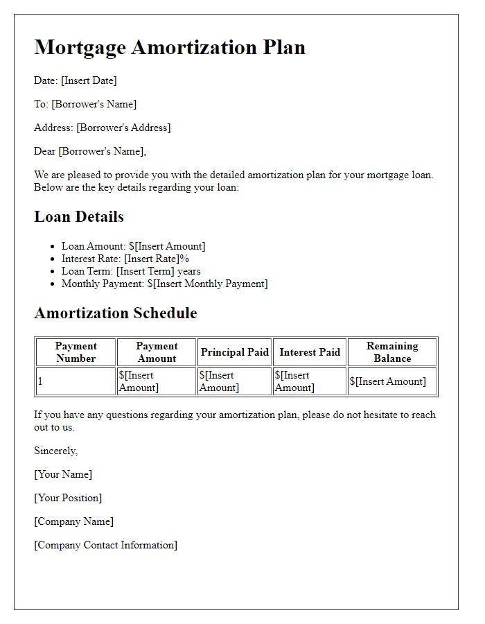 Letter template of detailed mortgage amortization plan