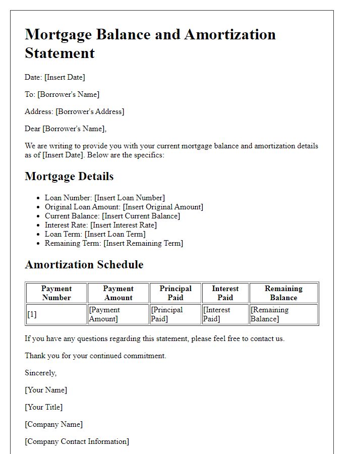 Letter template of mortgage balance and amortization