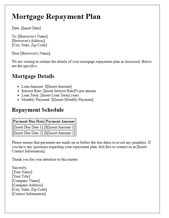 Letter template of mortgage repayment plan details