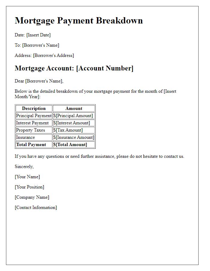 Letter template of payment breakdown for mortgage