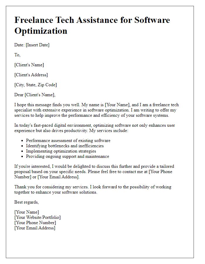 Letter template of freelance tech assistance for software optimization.