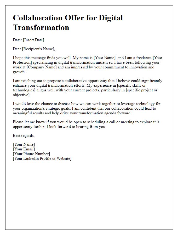 Letter template of freelance tech collaboration offer for digital transformation.