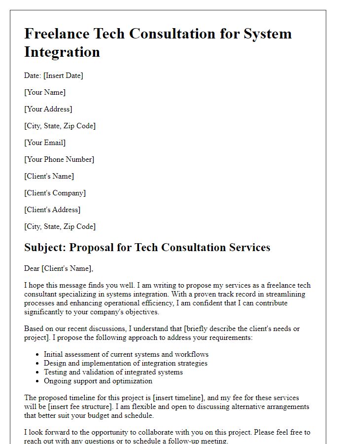 Letter template of freelance tech consultation for system integration.