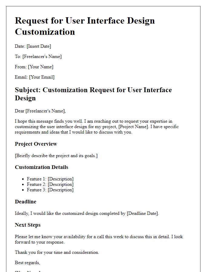 Letter template of freelance tech customization request for user interface design.