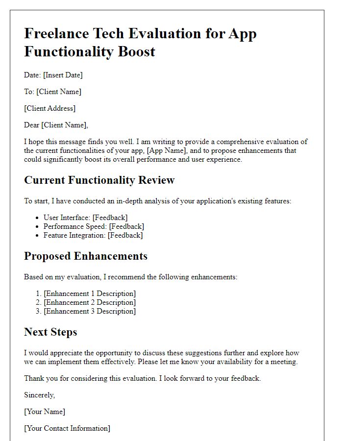 Letter template of freelance tech evaluation for app functionality boost.