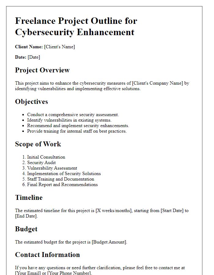 Letter template of freelance tech project outline for cybersecurity enhancement.