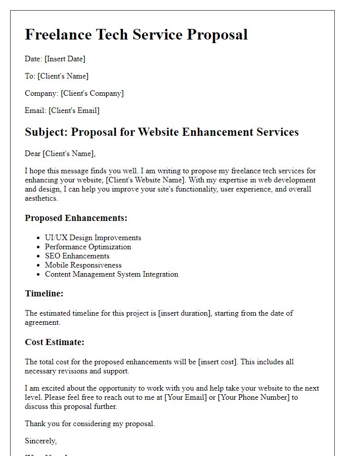 Letter template of freelance tech service proposal for website enhancement.