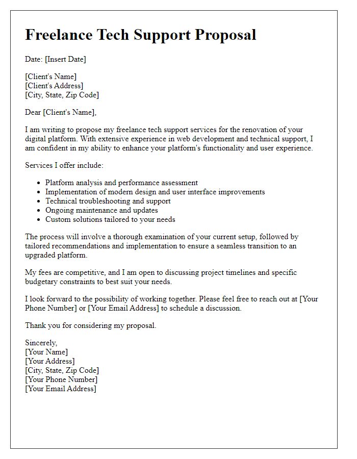 Letter template of freelance tech support for digital platform renovation.