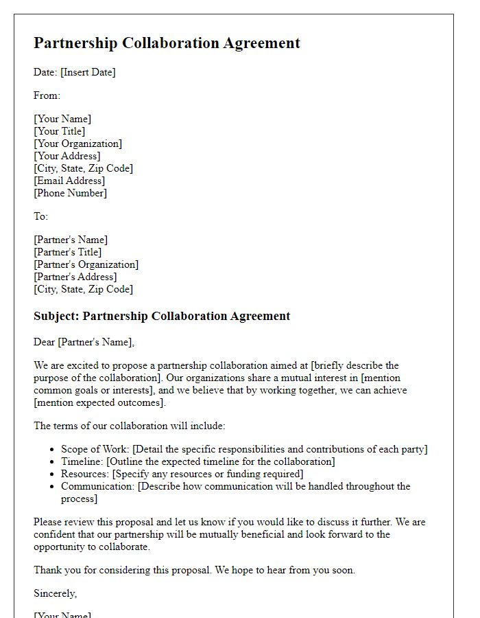 Letter template of partnership collaboration agreement