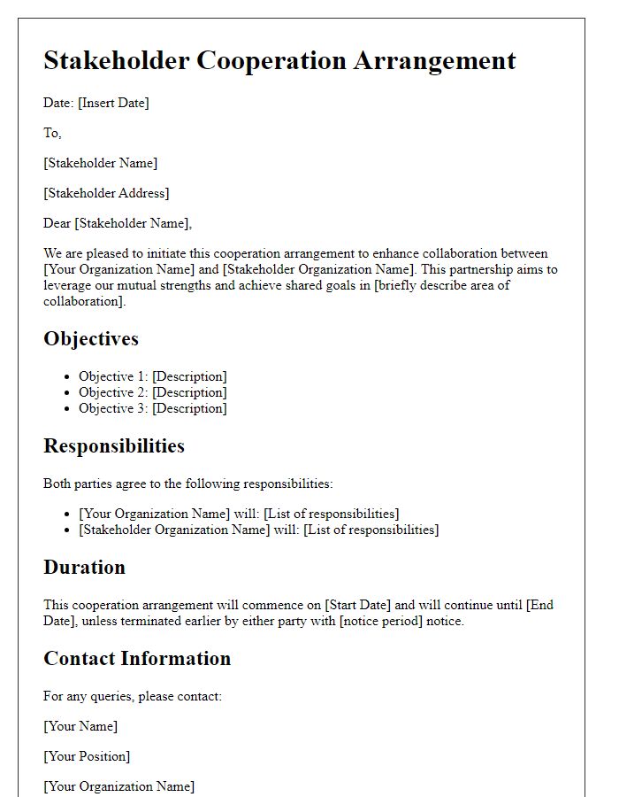 Letter template of stakeholder cooperation arrangement