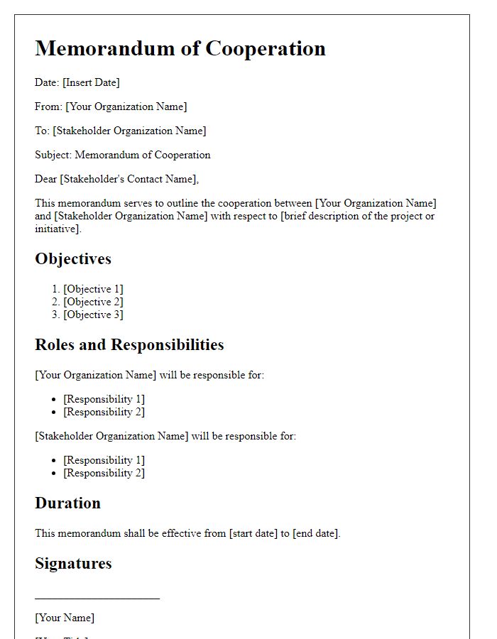 Letter template of stakeholder cooperation memorandum