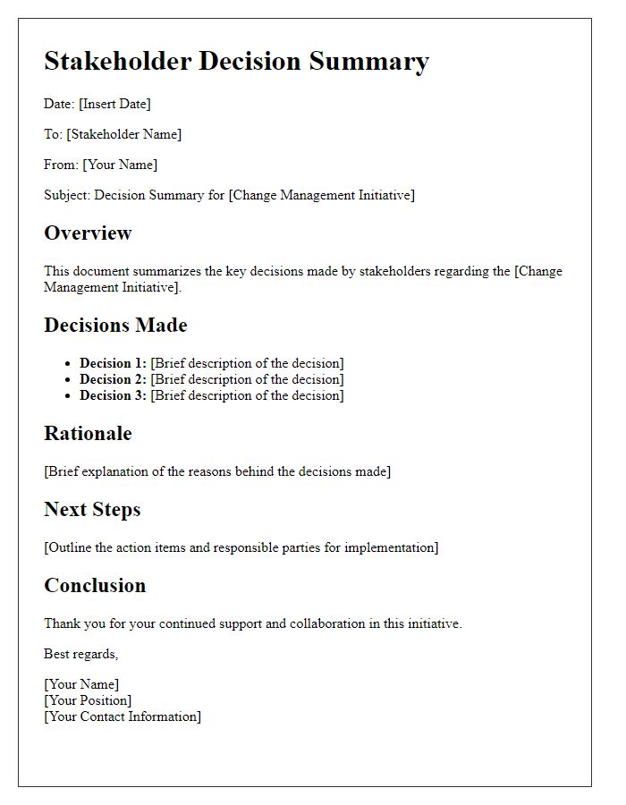 Letter template of Stakeholder Decision Summary for Change Management