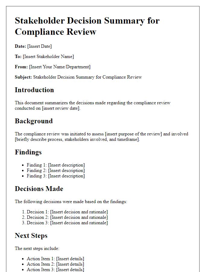 Letter template of Stakeholder Decision Summary for Compliance Review