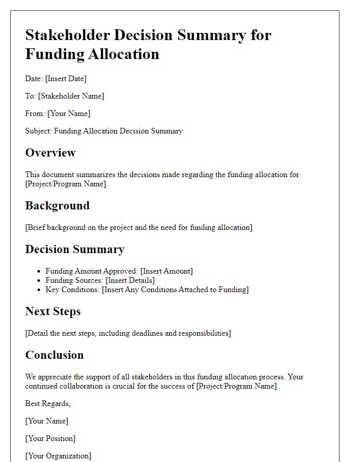 Letter template of Stakeholder Decision Summary for Funding Allocation