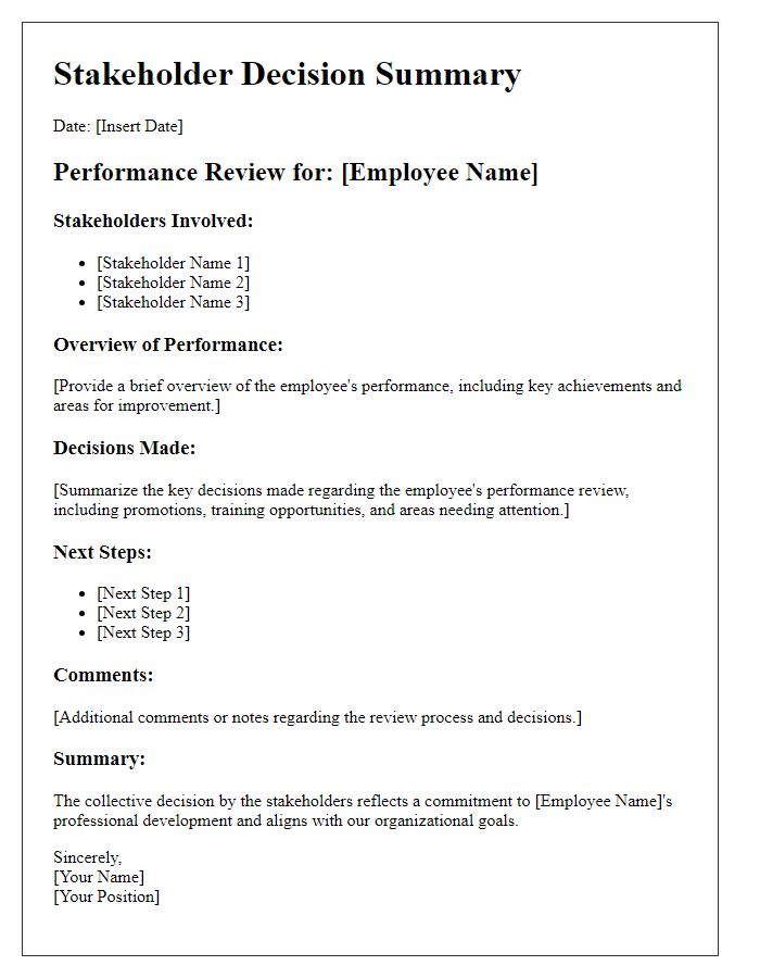 Letter template of Stakeholder Decision Summary for Performance Review