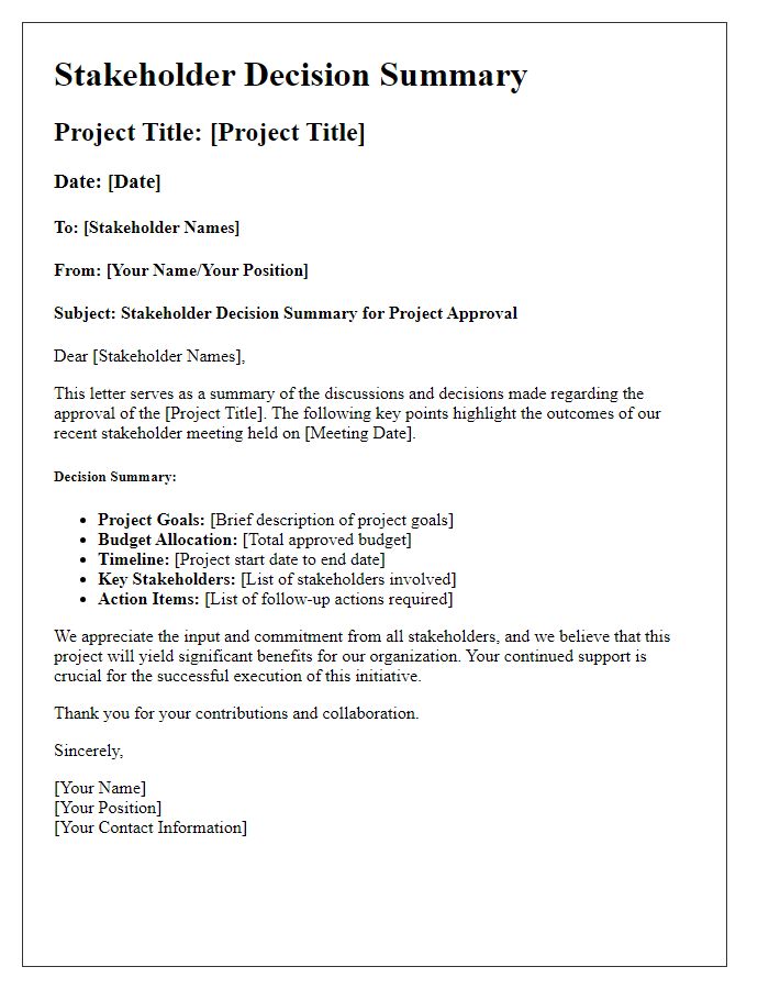 Letter template of Stakeholder Decision Summary for Project Approval