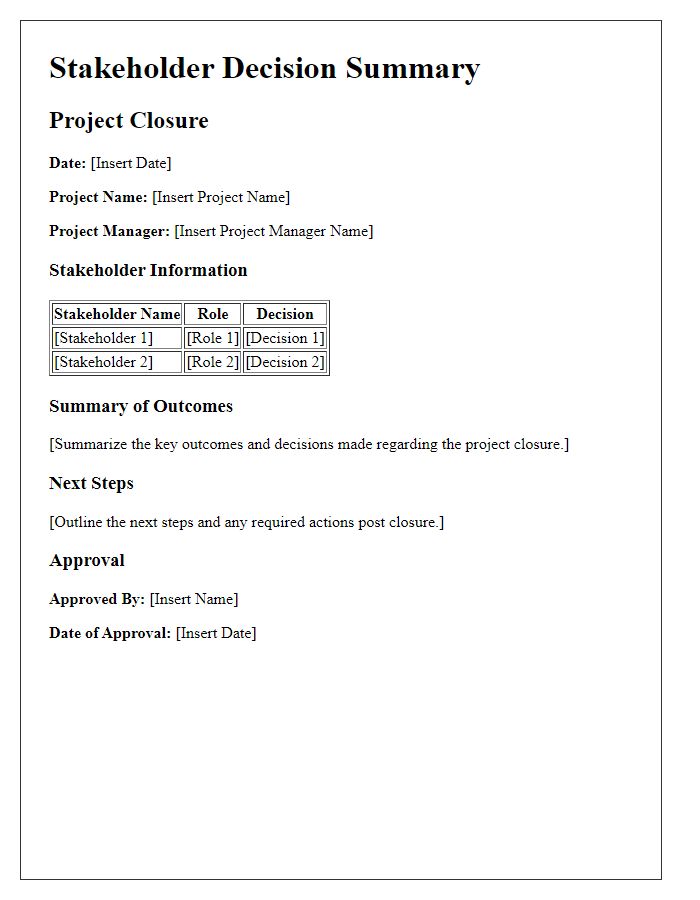 Letter template of Stakeholder Decision Summary for Project Closure