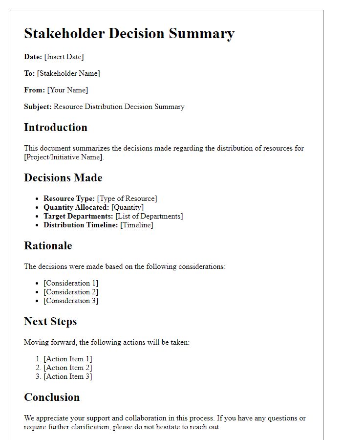 Letter template of Stakeholder Decision Summary for Resource Distribution