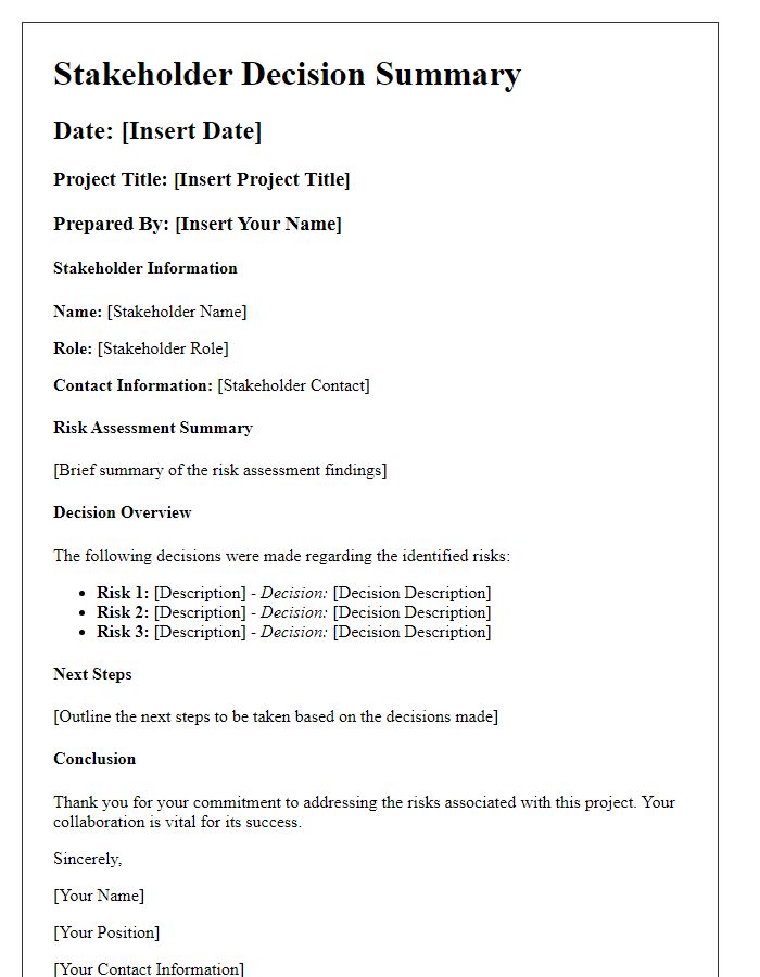 Letter template of Stakeholder Decision Summary for Risk Assessment