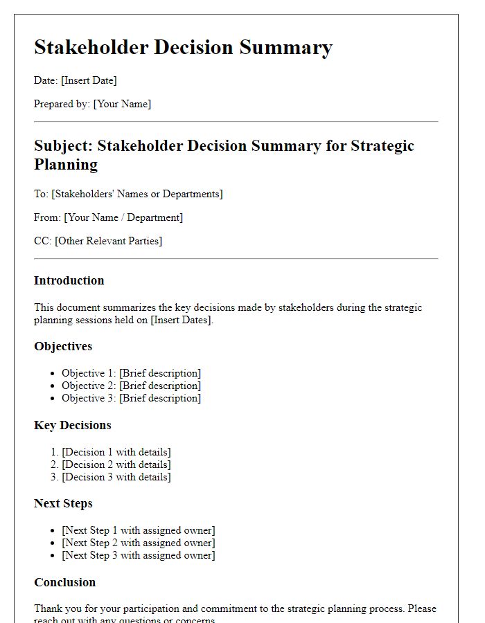 Letter template of Stakeholder Decision Summary for Strategic Planning