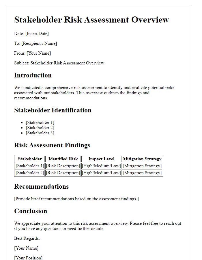 Letter template of stakeholder risk assessment overview