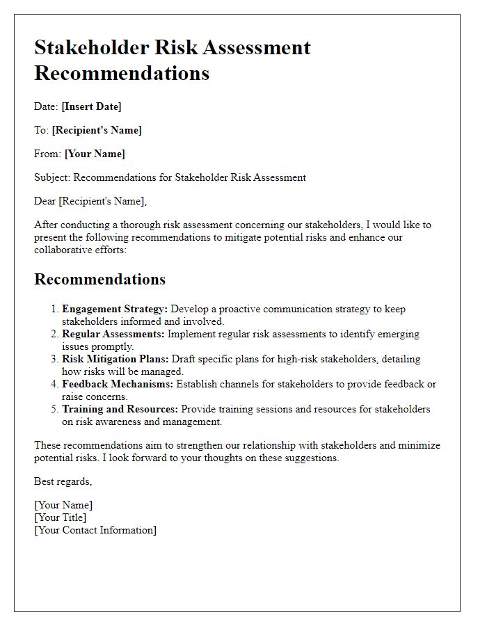 Letter template of stakeholder risk assessment recommendations